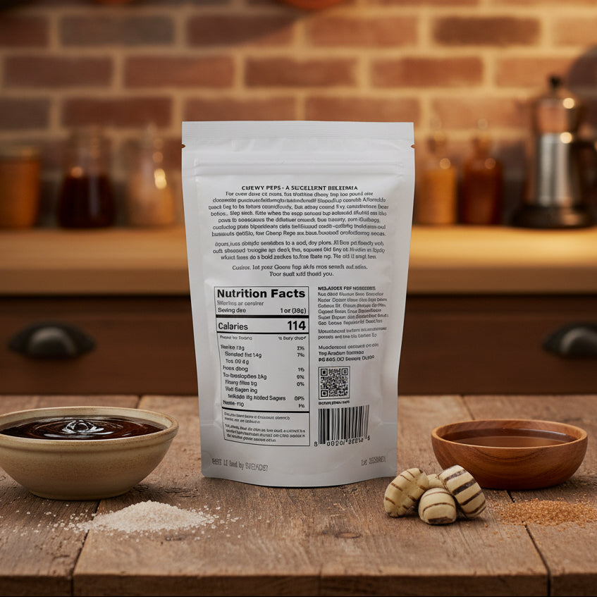 The back of a silver resealable stand-up pouch with printed nutrition facts and a barcode, shown on a light gray background with three small striped brown snack pieces in front.