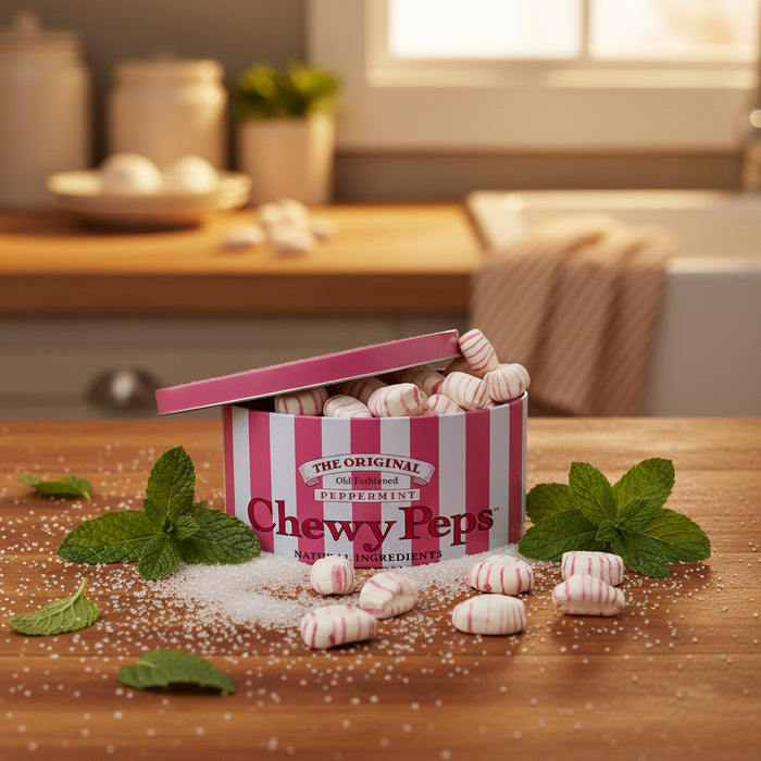 A round tin of Chewy Peps peppermint candies with a pink and white striped lid, shown open with several candies scattered in front on a light gray background.