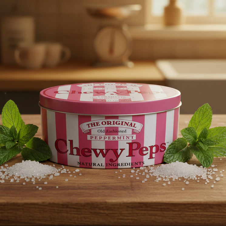 A round metal tin of The Original Chewy Peps candy, featuring a red and white striped design with the brand name printed in red on the front and lid.