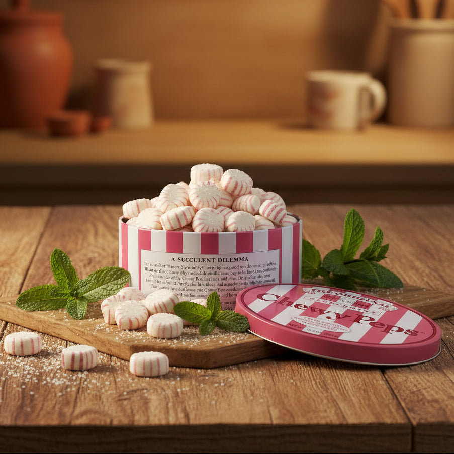 A tin of peppermint candies with the lid placed in front on a white studio background. The round lid has red-and-white stripes and the words 'PEPPERMINT CANDY RUDS.